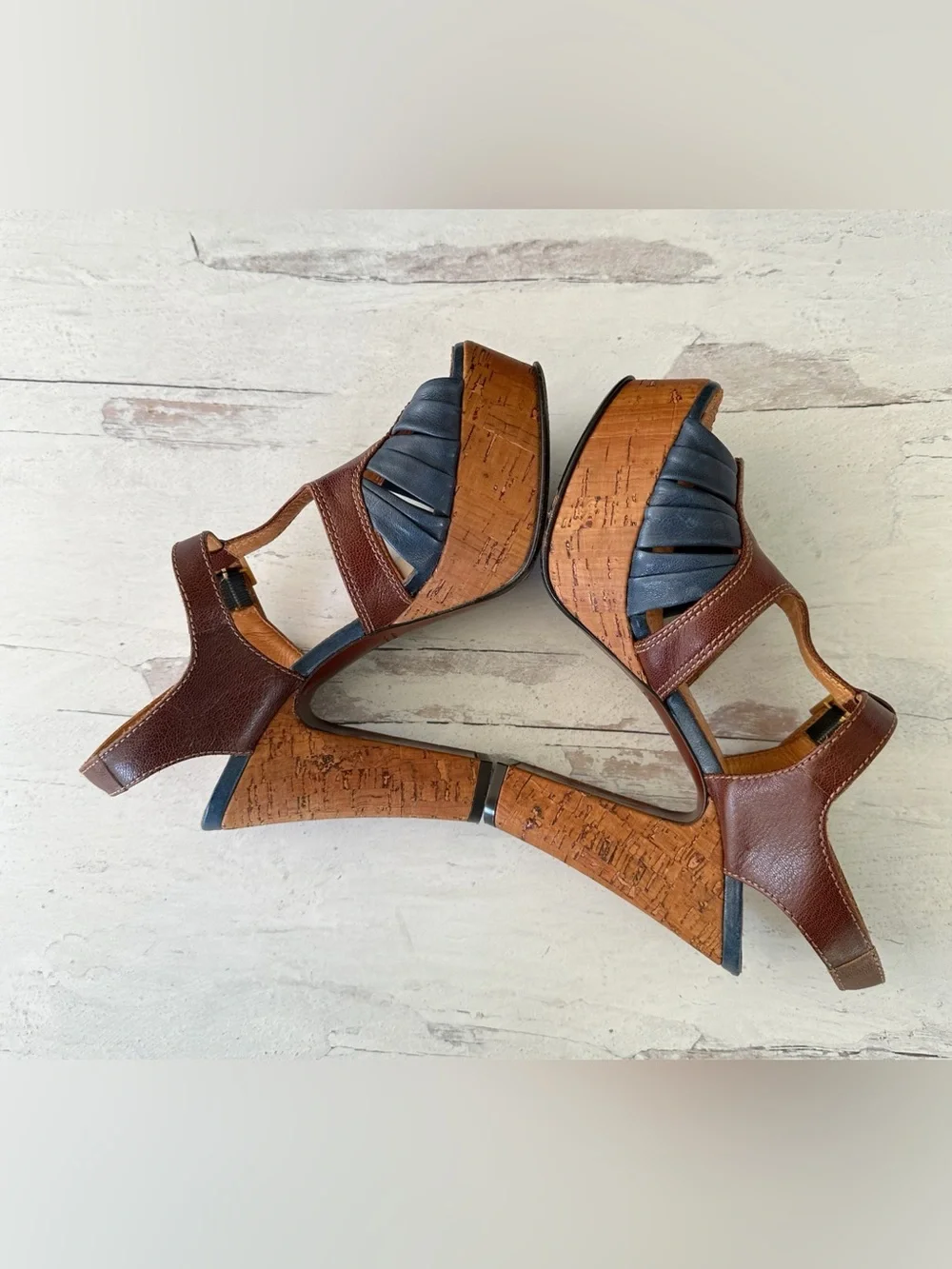 Chie Mihara • Blue Brown Colorblock Cork Platform Heel Sandals
